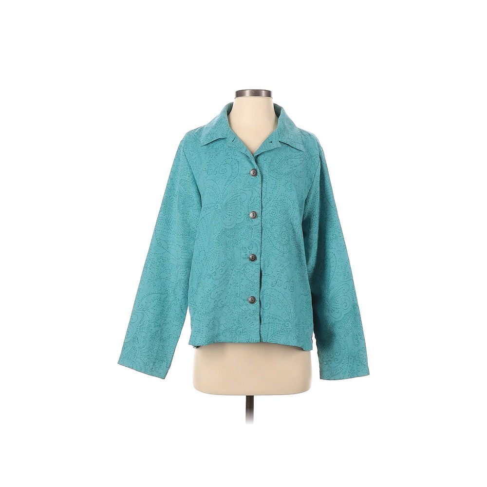 Chicos Sz 1 US M 8 Button Front Blazer Paisley Microsuede Jacket Blue Green Teal